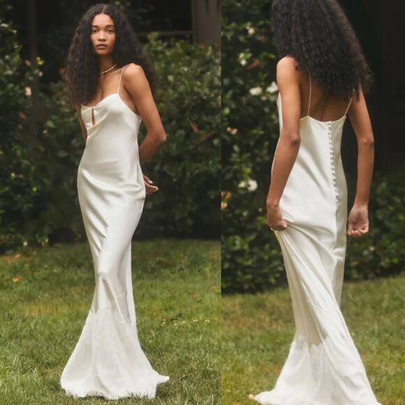 REFORMATION Tullamore Silk Lace Hem Button Back Gown - Picture 1 of 8